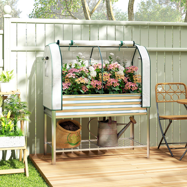 Galvanised Raised Garden Bed with Greenhouse Cover, Metal Elevated Garden Bed with Legs, Bed Liner and Bottom Shelf, Outdoor Raised Planter Box for Vegetables, Herbs, Flowers, Silver