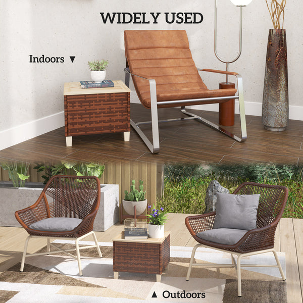 Outsunny Outdoor Side Table with PE Rattan, Patio End Table with Natural Fir Wood Tabletop and Legs, Weather Resistant Accent Table for Patio Pool Porch, Brown