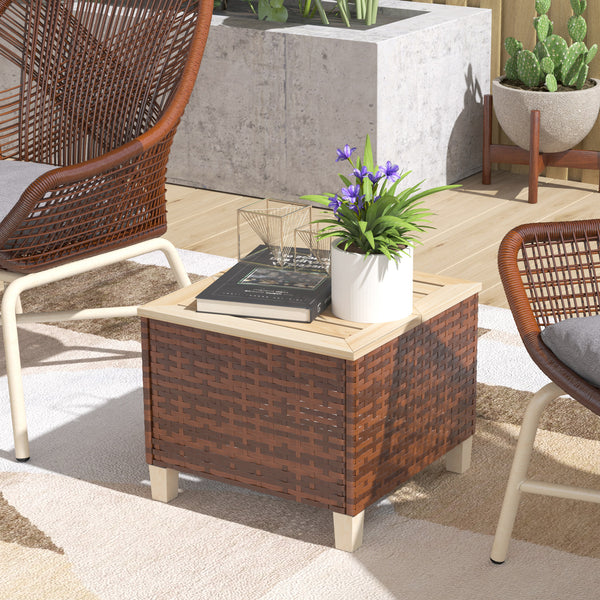 Outsunny Outdoor Side Table with PE Rattan, Patio End Table with Natural Fir Wood Tabletop and Legs, Weather Resistant Accent Table for Patio Pool Porch, Brown