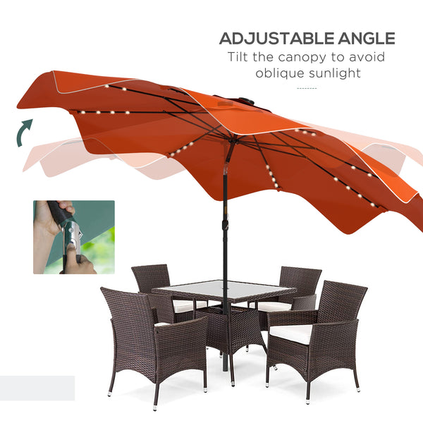 3(m) Garden Parasol Umbrella with 32 Solar LED Lights and Tilt, Outdoor Market Table Umbrella Sun Shade Canopy with Crank, 8 Ribs, Orange