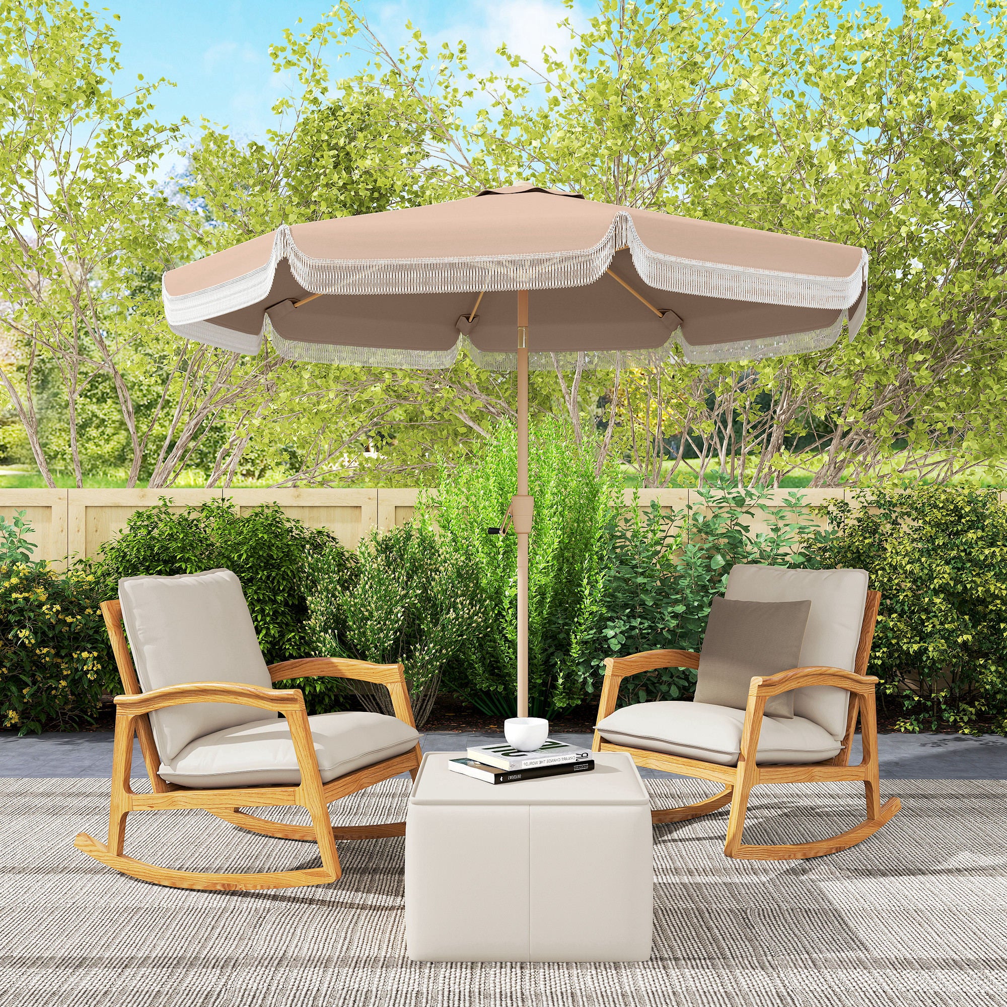Outsunny 9ft Fringed Patio Umbrella with Push Button Tilt and Crank, Khaki