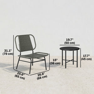 3 Piece Wicker Patio Furniture Set, Outdoor Bistro Set with 2 Armless Chairs, Steel Table, Rattan Outdoor Conversation Furniture for Porch Balcony, Grey
