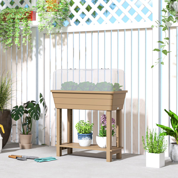 41L Self Watering Raised Garden Bed with Ventilation Transparent Lid Greenhouse, Storage Shelf, Planter Box with Water Level Indicator, 29.5" x 14.2" x 36.2", Brown