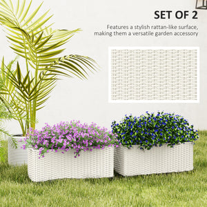 Outsunny Railing Planter Box (2 Pack, 20 Inch), Self-Watering Hanging Flower Pots with Hooks for Fence, Balcony, Garden, Patio, Rattan Look, White