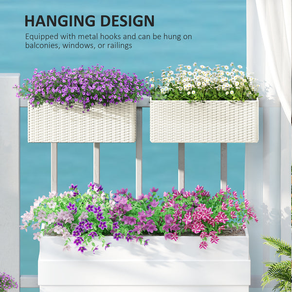 Outsunny Railing Planter Box (2 Pack, 20 Inch), Self-Watering Hanging Flower Pots with Hooks for Fence, Balcony, Garden, Patio, Rattan Look, White