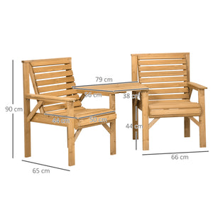 Wooden Garden Love Seat, 2 Seater Jack & Jill Companion Seat with Coffee Table and Parasol Hole, Partner Bench, Table and Chairs Set, Outdoor Furniture for Garden, Balcony, Patio, Brown