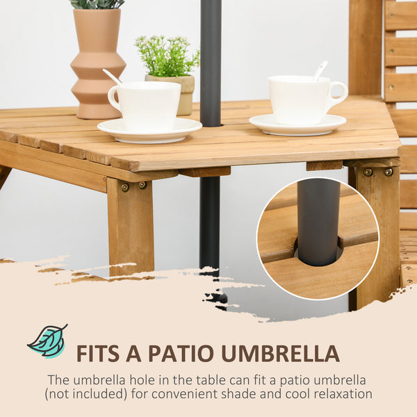 Wooden Garden Love Seat, 2 Seater Jack & Jill Companion Seat with Coffee Table and Parasol Hole, Partner Bench, Table and Chairs Set, Outdoor Furniture for Garden, Balcony, Patio, Brown