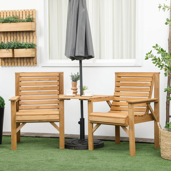 Wooden Garden Love Seat, 2 Seater Jack & Jill Companion Seat with Coffee Table and Parasol Hole, Partner Bench, Table and Chairs Set, Outdoor Furniture for Garden, Balcony, Patio, Brown