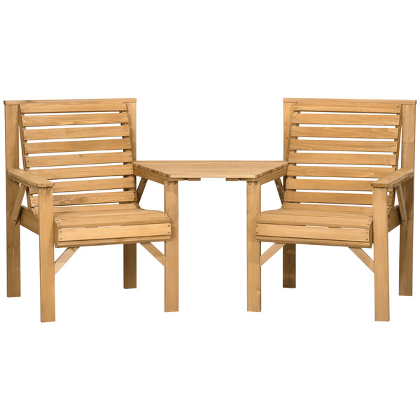 Wooden Garden Love Seat, 2 Seater Jack & Jill Companion Seat with Coffee Table and Parasol Hole, Partner Bench, Table and Chairs Set, Outdoor Furniture for Garden, Balcony, Patio, Brown