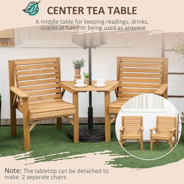 Wooden Garden Love Seat, 2 Seater Jack & Jill Companion Seat with Coffee Table and Parasol Hole, Partner Bench, Table and Chairs Set, Outdoor Furniture for Garden, Balcony, Patio, Brown