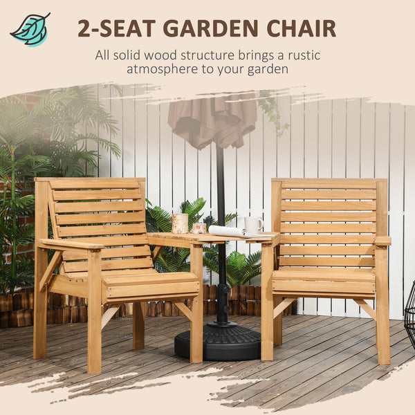 Wooden Garden Love Seat, 2 Seater Jack & Jill Companion Seat with Coffee Table and Parasol Hole, Partner Bench, Table and Chairs Set, Outdoor Furniture for Garden, Balcony, Patio, Brown