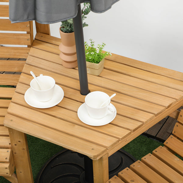 Wooden Garden Love Seat, 2 Seater Jack & Jill Companion Seat with Coffee Table and Parasol Hole, Partner Bench, Table and Chairs Set, Outdoor Furniture for Garden, Balcony, Patio, Brown