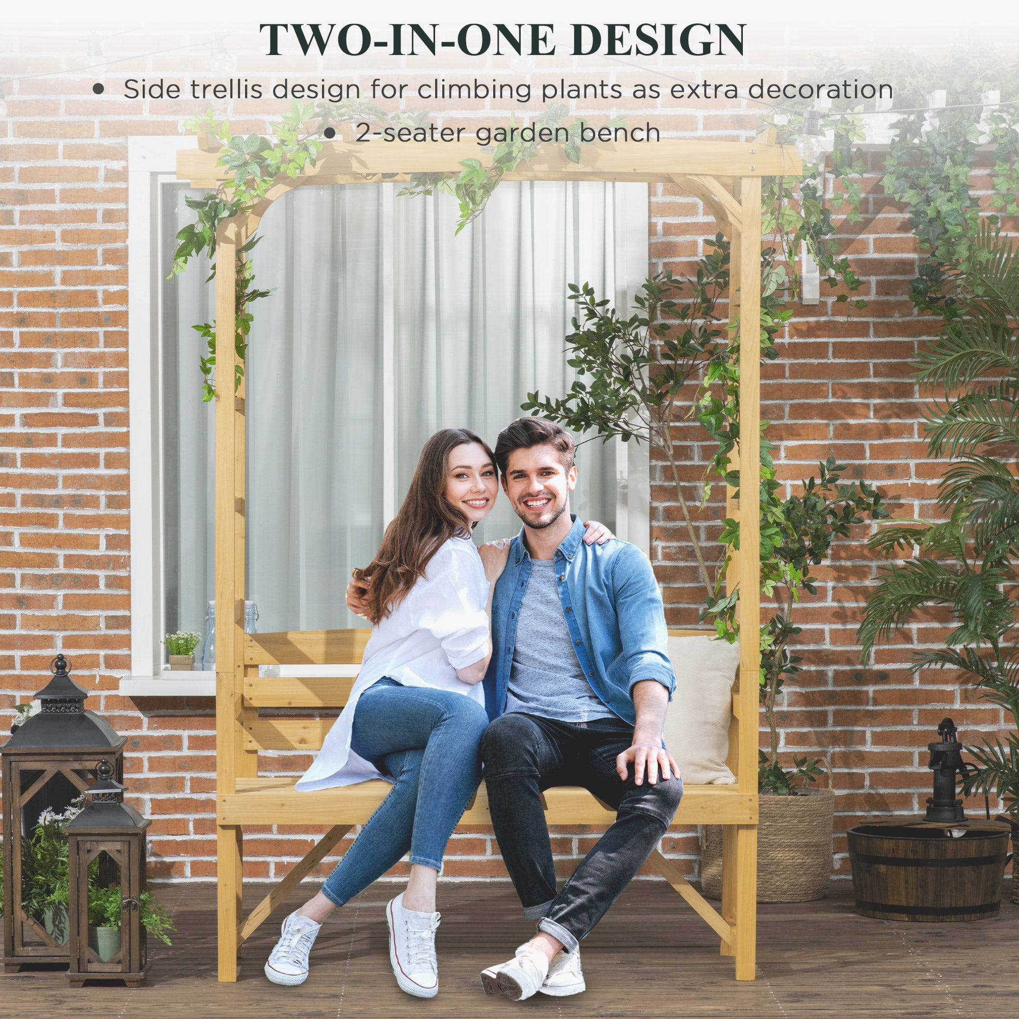 wooden bench trellis Outsunny 79.9" Patio Wooden Bench, Outdoor Garden Bench for Vines/Climbing Plants, Light Brown
