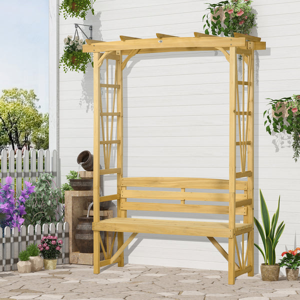 Patio Arch Pergola with Natural Wooden Bench, Ergonomic Outdoor Bench for Vines/Climbing Plants, for Backyard & Outdoor Space, Light Brown