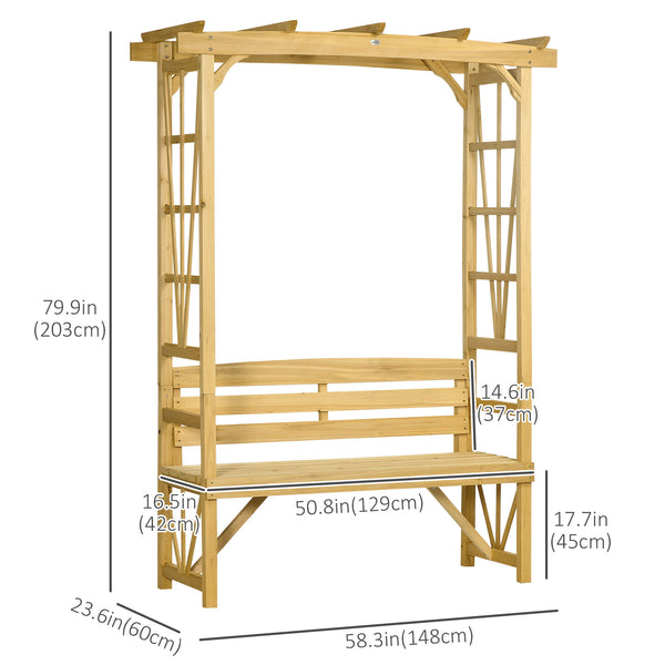 Patio Arch Pergola with Natural Wooden Bench, Ergonomic Outdoor Bench for Vines/Climbing Plants, for Backyard & Outdoor Space, Light Brown