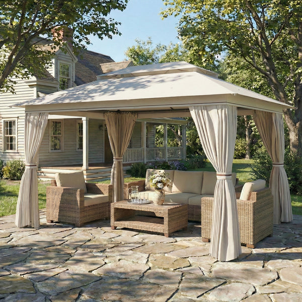 3 x 4 m Outdoor Garden Gazebo with Netting and Curtains, UPF50+ Double Roof Patio Gazebo Permanent Pavilion Canopy Shelter with Metal Frame, Drainage Holes, Beige