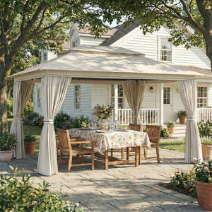 3 x 4 m Outdoor Garden Gazebo with Netting and Curtains, UPF50+ Double Roof Patio Gazebo Permanent Pavilion Canopy Shelter with Metal Frame, Drainage Holes, Beige