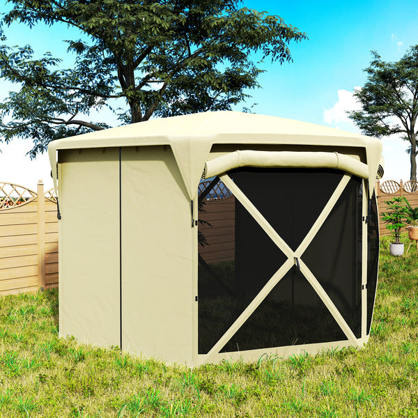 Pop Up Gazebo Screen Tent House, 11 x 11ft with UPF30+ Removable Roof Cover, 4 Roll-up Wind Panels and Carry Bag for Camping, Patio, Backyard, Lawn, Beige