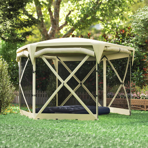 Pop Up Gazebo Screen Tent House, 11 x 11ft with UPF30+ Removable Roof Cover, 4 Roll-up Wind Panels and Carry Bag for Camping, Patio, Backyard, Lawn, Beige