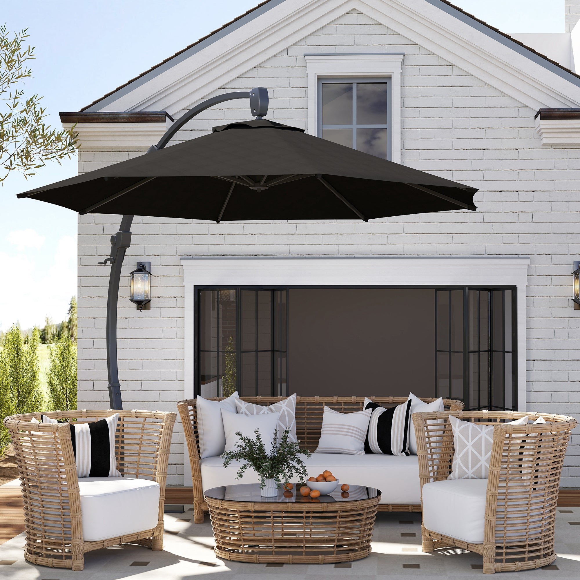 banana frame patio umbrella Outsunny 3m Cantilever Banana Parasol w/ Cross Base, Aluminium Frame & 360° Rotation, Black