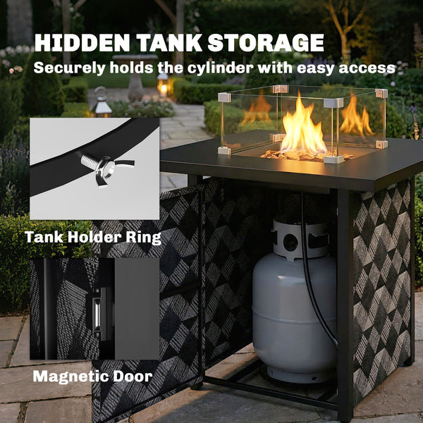 Square Propane Gas Fire Pit Table,12 KW Firepit Outdoor Patio Heater with Proof Net and Glass Wind Guard, Lava Rocks, Gas Tank Holder, Outdoor Firepits for Garden Patio, Black