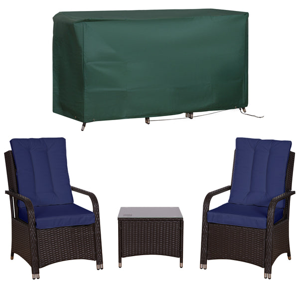 3 Pieces Rattan Bistro Set with Furniture Cover, Wicker Garden Furniture Set, Glass Top Coffee Table and Chairs with Cushions for Outdoor, Patio, Balcony, Dark Blue