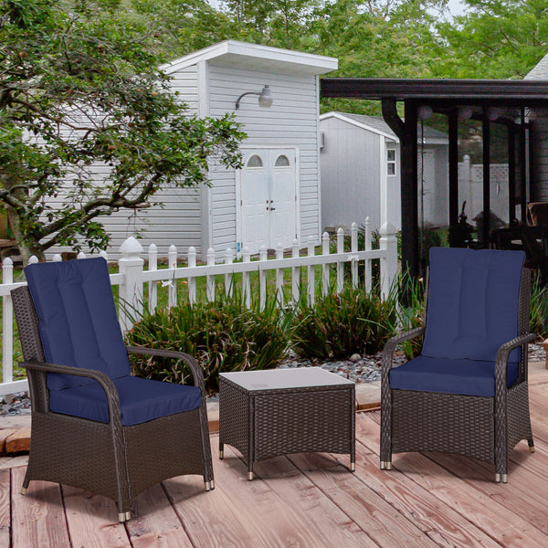 3 Pieces Rattan Bistro Set with Furniture Cover, Wicker Garden Furniture Set, Glass Top Coffee Table and Chairs with Cushions for Outdoor, Patio, Balcony, Dark Blue