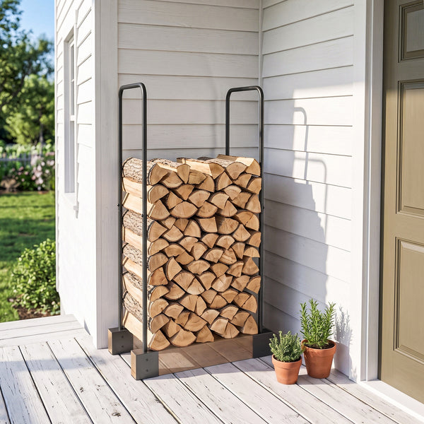 DIY Firewood Rack with Customisable Width, Heavy Duty Steel Log Store Indoors, Outdoor Log Storage Bracket Holder, Black