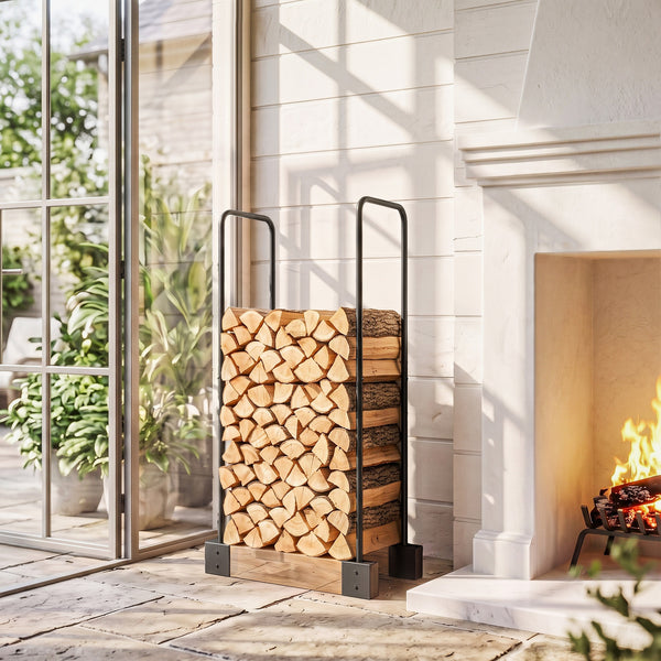 DIY Firewood Rack with Customisable Width, Heavy Duty Steel Log Store Indoors, Outdoor Log Storage Bracket Holder, Black
