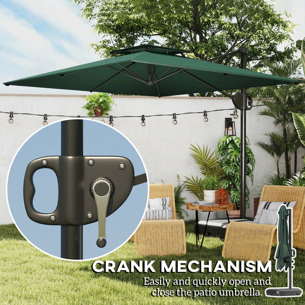 2.5m Garden Cantilever Parasol with Fillable Base, Up to 45kg, Double Top Garden Parasol, Square Overhanging Patio Umbrella with Crank Handle and Tilt for Outdoor Sun Shade, Dark Green