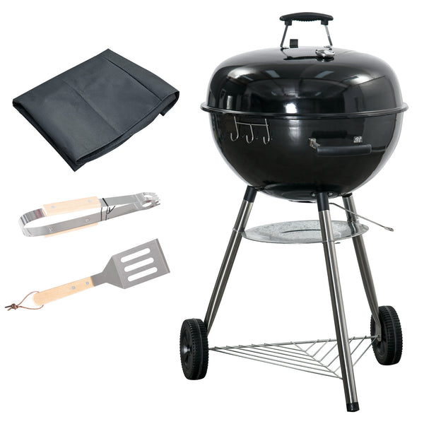 Portable Kettle Charcoal Grill BBQ Smoker with Cover, Outdoor Round Barbecue with Lid, Thermometer, Turner, Knife, Clip, Storage Shelf, & Wheels for Party Patio Garden