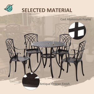 5 Pieces Garden Dining Set for 4, Cast Aluminium Outdoor Dining Set with 4 Armchairs and Round Dining Table with Parasol Hole, Garden Furniture Set, Brown