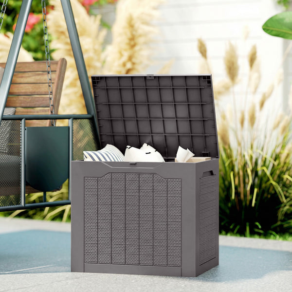 93L Plastic Garden Storage Box, Outdoor Storage Box with Handles, Waterproof Outdoor Storage Container for Garden Tools and Accessories, Brown