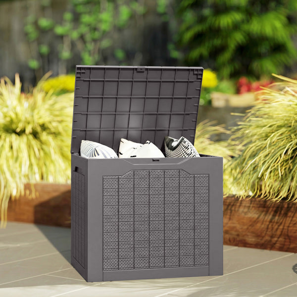 93L Plastic Garden Storage Box, Outdoor Storage Box with Handles, Waterproof Outdoor Storage Container for Garden Tools and Accessories, Brown