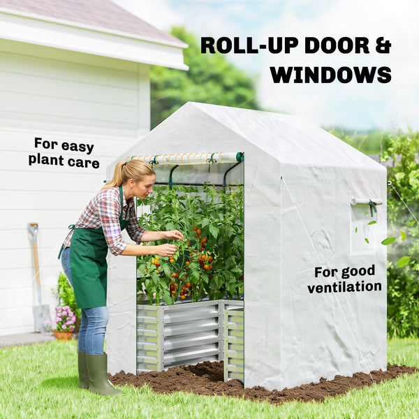 Greenhouse with Raised Garden Bed, 56" x 56" x 75" Galvanized Metal Planter Box with PE Cover, Roll Up Door and Windows, Outdoor Greenhouse for Flowers Vegetables, White