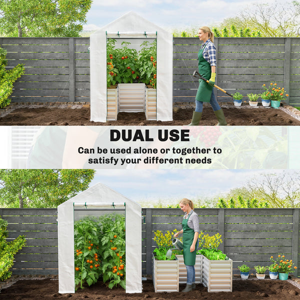 Greenhouse with Raised Garden Bed, 56" x 56" x 75" Galvanized Metal Planter Box with PE Cover, Roll Up Door and Windows, Outdoor Greenhouse for Flowers Vegetables, White