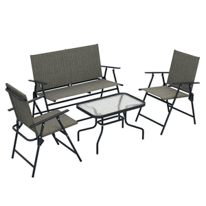 Outdoor 4 Pieces Patio Furniture Set with Breathable Mesh Fabric Seat & Backrest, Garden Set with Two Foldable Armchairs, a Loveseat & Glass Top Table, Mixed Brown