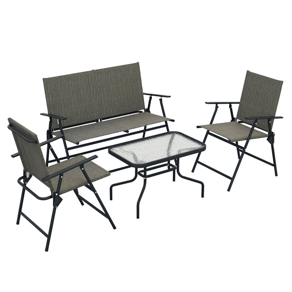 Outdoor 4 Pieces Patio Furniture Set with Breathable Mesh Fabric Seat & Backrest, Garden Set with Two Foldable Armchairs, a Loveseat & Glass Top Table, Mixed Brown