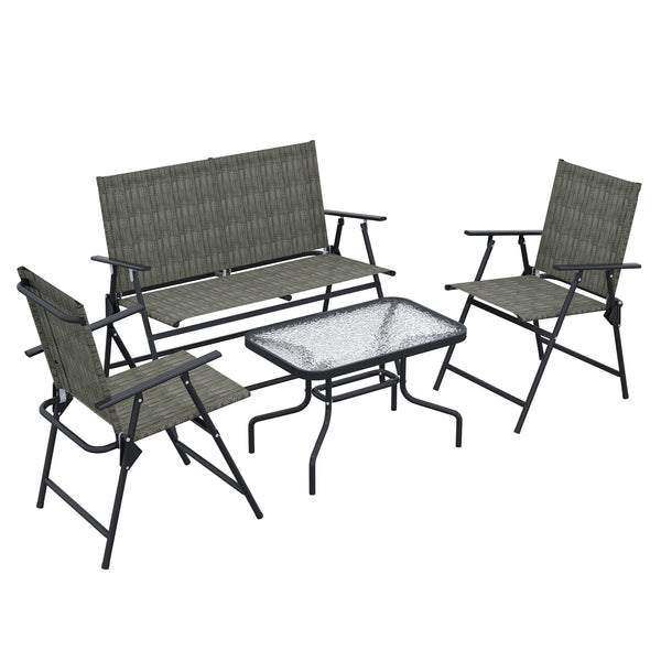 Outdoor 4 Pieces Patio Furniture Set with Breathable Mesh Fabric Seat & Backrest, Garden Set with Two Foldable Armchairs, a Loveseat & Glass Top Table, Mixed Brown