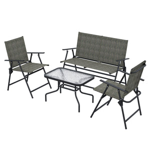 Outdoor 4 Pieces Patio Furniture Set with Breathable Mesh Fabric Seat & Backrest, Garden Set with Two Foldable Armchairs, a Loveseat & Glass Top Table, Mixed Brown