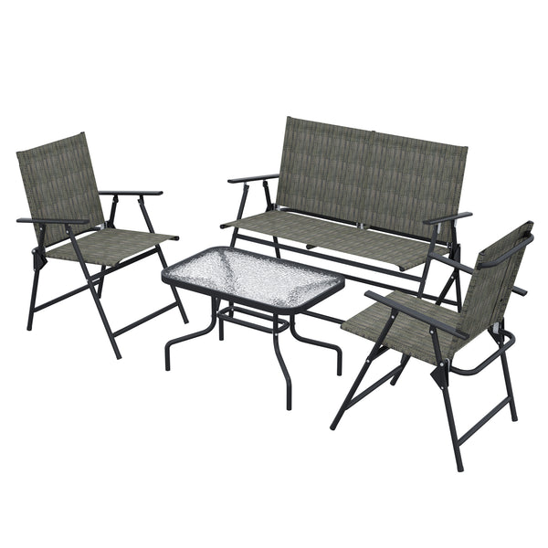 Outdoor 4 Pieces Patio Furniture Set with Breathable Mesh Fabric Seat & Backrest, Garden Set with Two Foldable Armchairs, a Loveseat & Glass Top Table, Mixed Brown