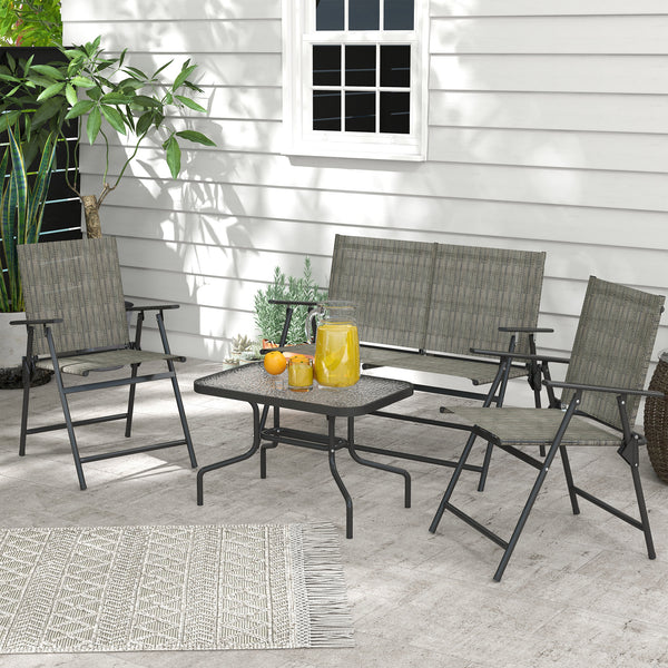 Outdoor 4 Pieces Patio Furniture Set with Breathable Mesh Fabric Seat & Backrest, Garden Set with Two Foldable Armchairs, a Loveseat & Glass Top Table, Mixed Brown