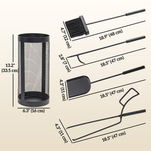 Fireplace Tools Set 5 Pieces Metal Fire Place Kit, Outdoor Indoor Fireside Accessories with Brush, Shovel, Poker, A Pair of Tongs, Mesh Basket, Black