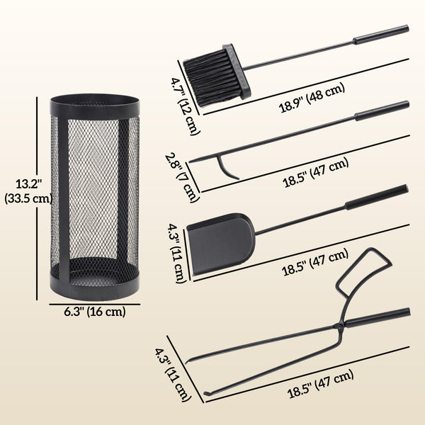 Fireplace Tools Set 5 Pieces Metal Fire Place Kit, Outdoor Indoor Fireside Accessories with Brush, Shovel, Poker, A Pair of Tongs, Mesh Basket, Black