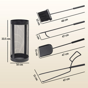 5-Piece Fireplace Companion Set, Metal Fireplace Tools Set with Brush, Shovel, Poker, Tongs and Bucket, Fireside Companion for Indoor or Outdoor Fireplaces, Chimineas, Fire Pits