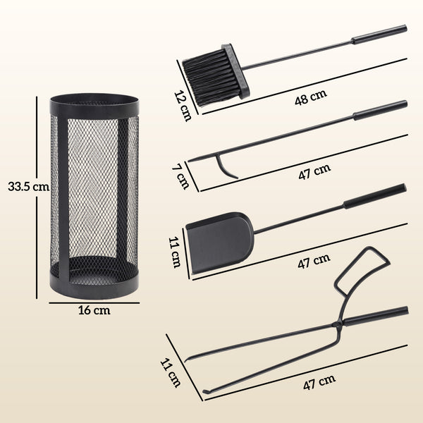 5-Piece Fireplace Companion Set, Metal Fireplace Tools Set with Brush, Shovel, Poker, Tongs and Bucket, Fireside Companion for Indoor or Outdoor Fireplaces, Chimineas, Fire Pits