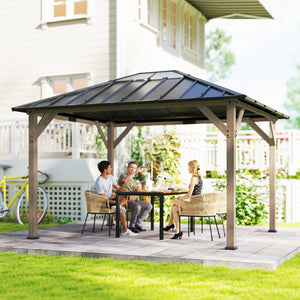 10' x 12' Hardtop Gazebo with Galvanized Steel Roof, Wood Permanent Pavilion Canopy Shelter with Clear Roof Top, UPF50+ Protection, Ceiling Hooks for Lawn, Backyard, Deck, Light Walnut