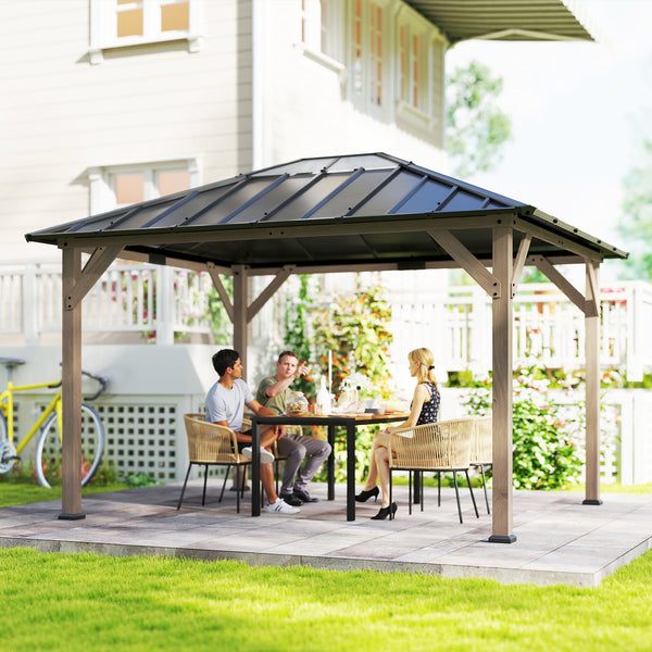 10' x 12' Hardtop Gazebo with Galvanized Steel Roof, Wood Permanent Pavilion Canopy Shelter with Clear Roof Top, UPF50+ Protection, Ceiling Hooks for Lawn, Backyard, Deck, Light Walnut