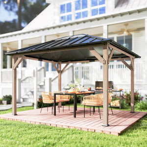 10' x 12' Hardtop Gazebo with Galvanized Steel Roof, Wood Permanent Pavilion Canopy Shelter with Clear Roof Top, UPF50+ Protection, Ceiling Hooks for Lawn, Backyard, Deck, Light Walnut