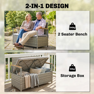 144 L Garden Storage Bench with Zipped Liner, 2 Seater PE Rattan Garden Bench with Storage, Gas Strut, Acacia Wood Top Armrests, Cushion, Patio Outdoor Benches Chest Container, Light Grey
